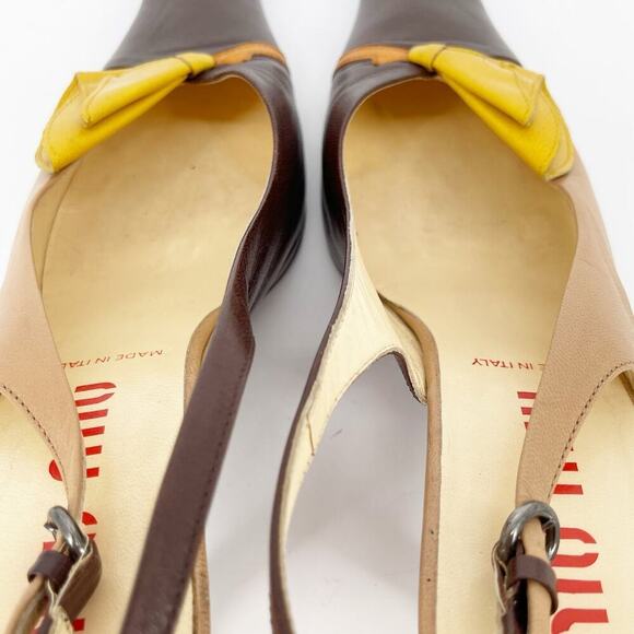 Miu Miu Vintage Tan Brown Yellow Flower Detail Square Toe Slingback Heel IT 40 - Picture 9 of 12